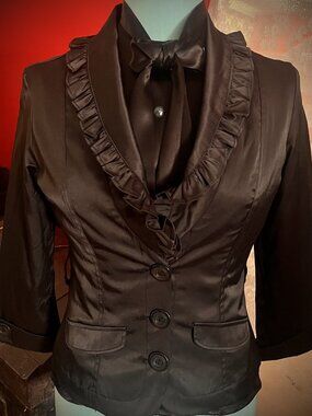 Black Satin Ruffle Tuxedo Blazer Jacket Small Victorian Romantic